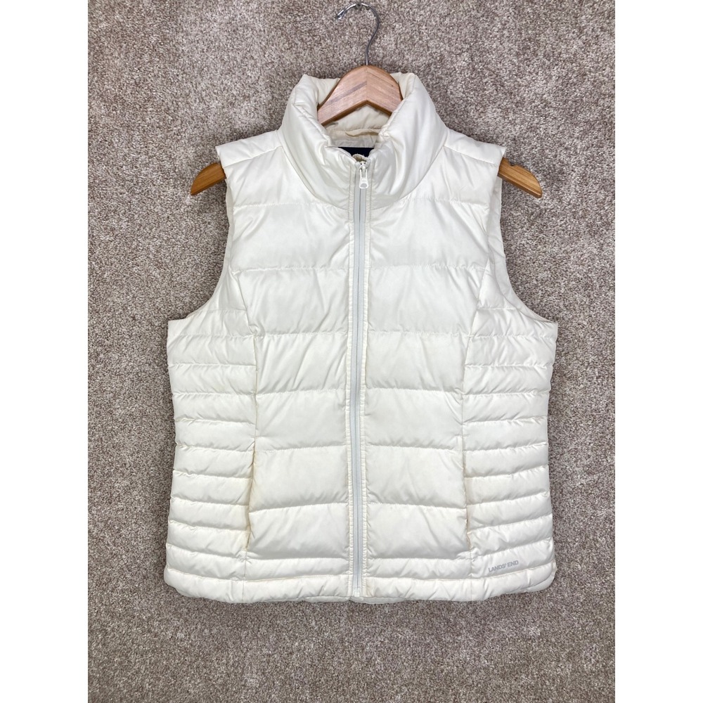 Lands' End Quilted Down Puffer Vest Womens Sz M Cream Full Zip Sleeveless Jacket